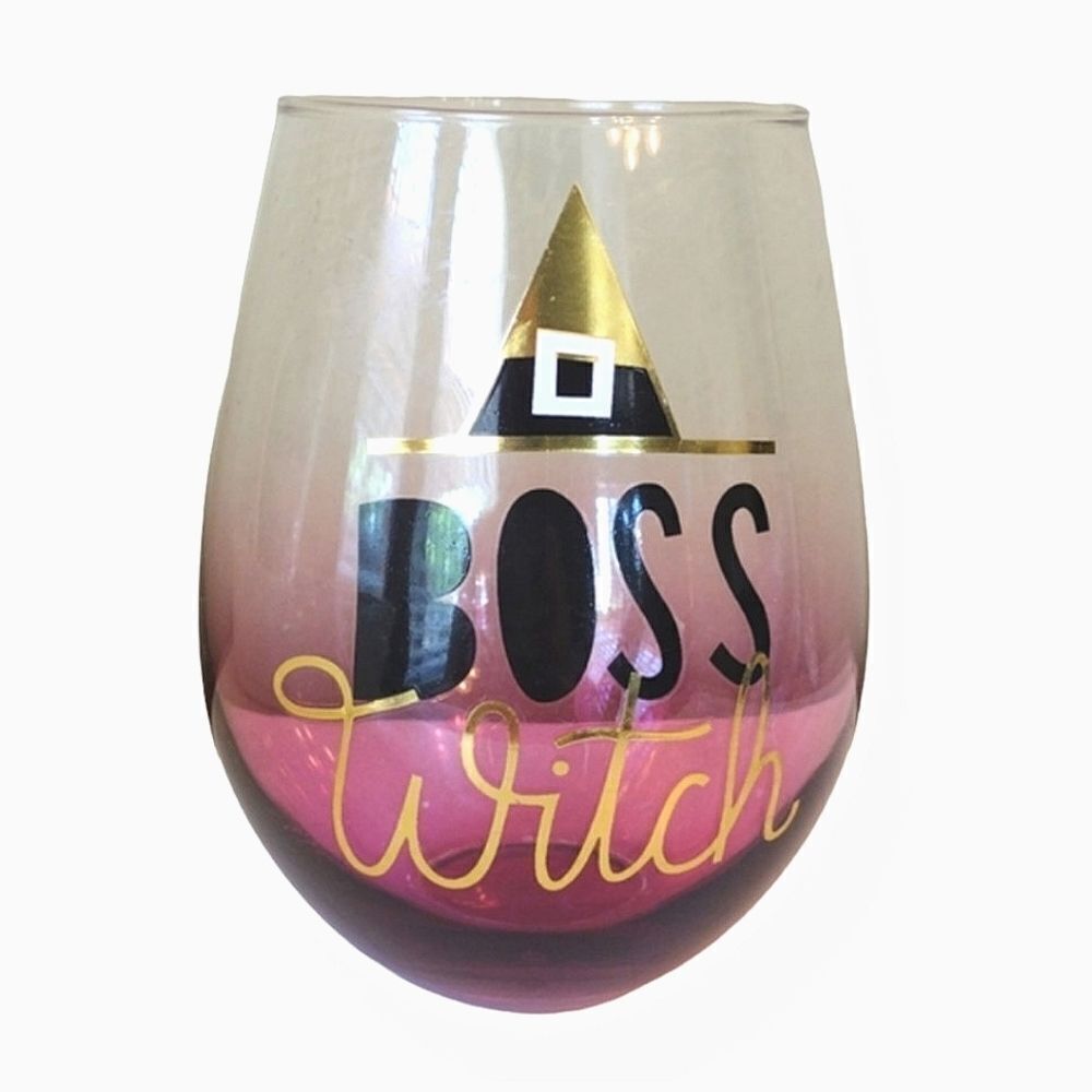 Boss Witch Printed Stemless Wine Glass Purple Ombre Metallic Halloween‎
